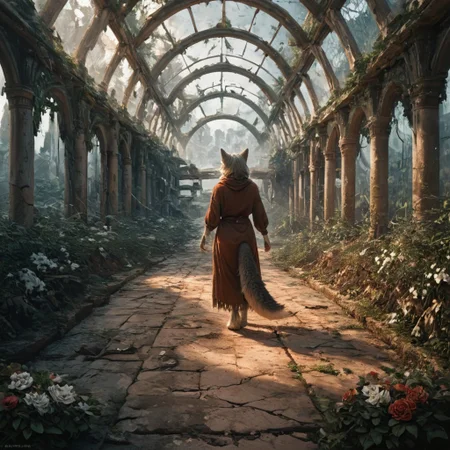 score_9, score_8_up, score_7_up,  fullbody, 1girl, furry, anthro, wolf, solo, fullbody in a distance, masterpiece, best quality, very aesthetic, close up, gray hair, gray twin braids, green eyes, standing in the ruins of botanic garden with glass ceiling, overgrown, broken glas, snow patches ray of light, dark sky, low light, white snow, (postapocalyptic city), d, dark, worried, concerne