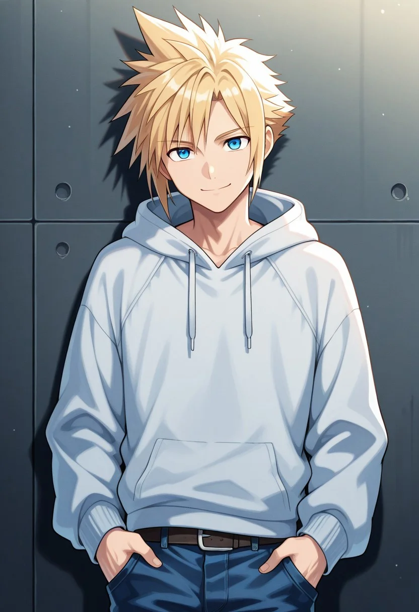 masterpiece,best quality,amazing quality, source_anime,
SoutouKumo, 1boy, male focus, solo, blue eyes, blonde hair, spiked hair, hoodie, hood, denim, toned male, smile, looking at viewer,