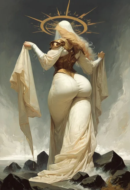 ((score_9, score_8_up, score_7_up)), (((character design, sci-fi warrior women, feminine power, perfect anatomy)))
, olivier ledroit "Requiem" style
A monster girl with a big butt, dressed in a revealing outfit made of seashells and pearls. She has long, flowing hair and a hypnotic voice that lures sailors to their doom. She is standing on a rocky shore, with the ocean crashing against the rocks behind her. In one hand, she holds a conch shell, and in the other, she holds a harp that emits a haunting melody. The scene should be dramatic and intense, with a focus on theatrical elements and a vintage, high-contrast setting.
, in the style of a vintage, high-contrast setting, Emphasize theatrical elements with bursts of bright colors against dark, moody backgrounds
,big butt, booty, bubble butt, emphasis on her ass, huge ass, steam sweat, seductive, butt slut,
<lora:add-detail-xl:2>