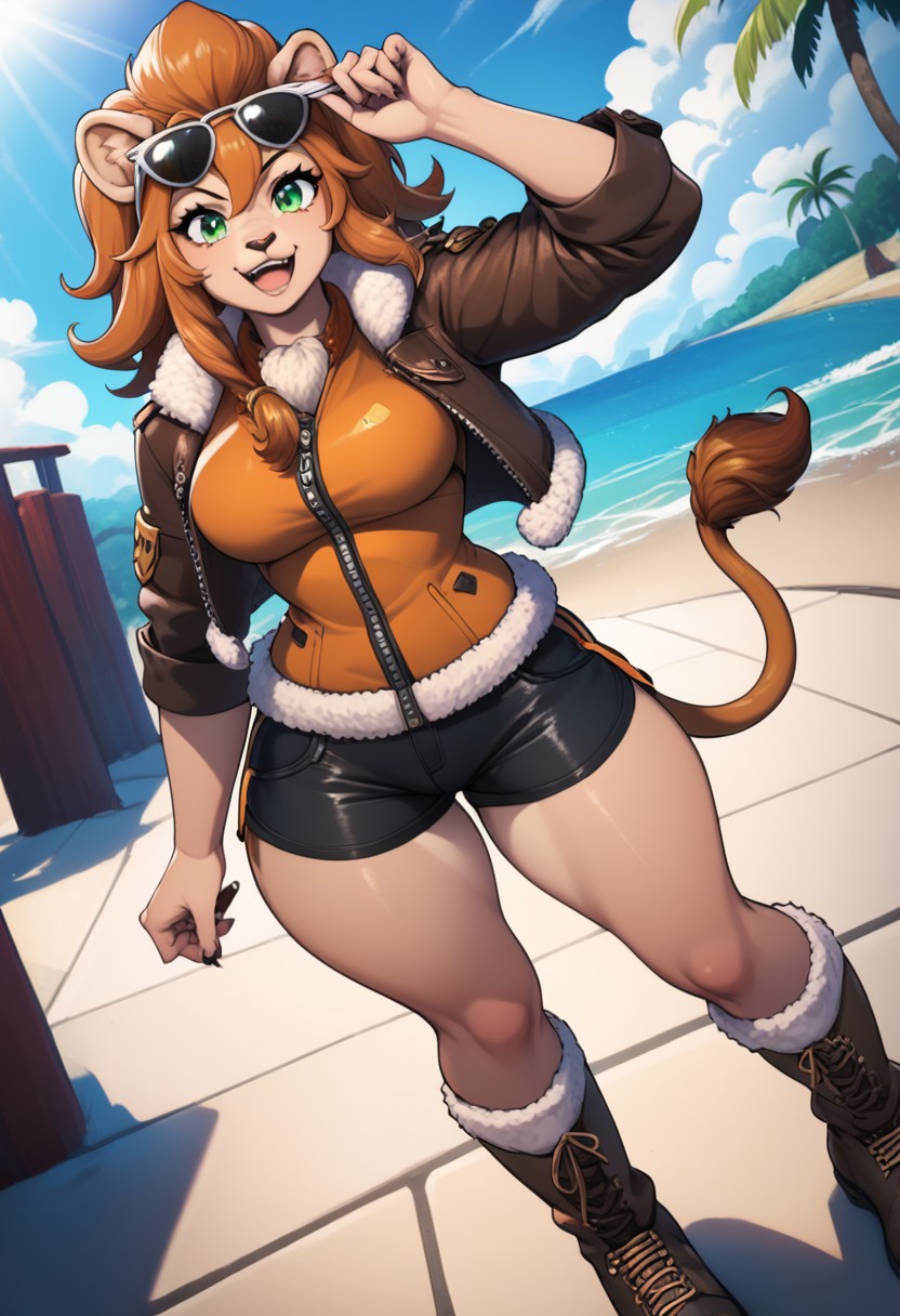 score_9, score_8_up, score_7_up, source_cartoon, 1girls,
wuklamat, (furry female:0.7), green eyes, long orange hair, sunglasses, furry, fur, animal ears, lion tail,
(bomber jacket), (fur lined jacket), (brown jacket), (shite undershirt), (kaki shorts), (combat boots) (golden hour, dramatic lighting), wide hips, busty, outdoors, deser seaside, (perfect figure:1.2), loved face, mouth open, standing, smiling, (dynamic angle:1.3), <lora:CitronAnimeTreasure:1>