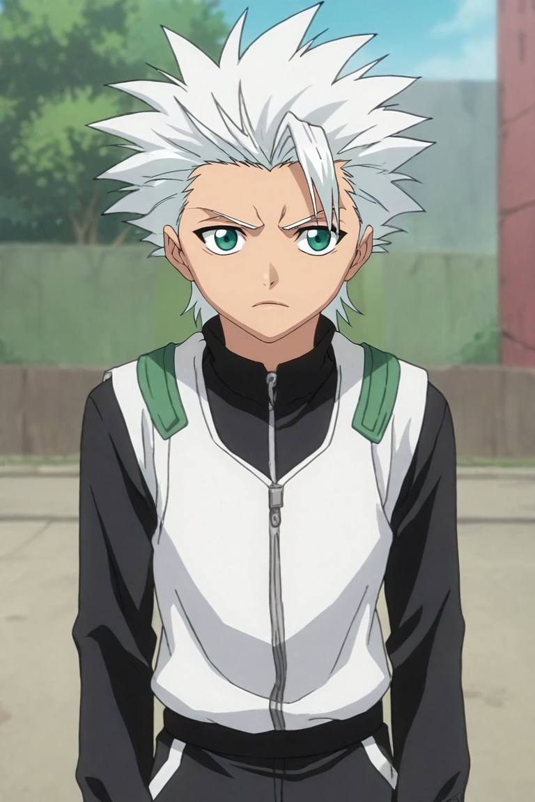 score_9, score_8_up, score_7_up, score_6_up, score_5_up, score_4_up, BREAK source_anime, anime screencap, , official style, , , depth of field, 1boy, solo, male focus, <lora:toushirou_hitsugaya_pony:0.78>, toushirou_hitsugaya, white hair, green eyes, spiked hair, , track pants, , science fiction space opera, , <lora:sdxl_lightning_8step_lora:1>
