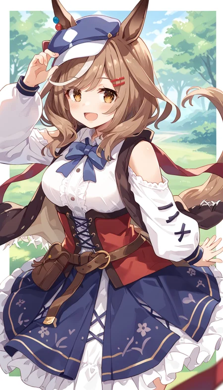 score_9,score_8_up,score_7_up,official art,masterpiece,high quality,megami magazine,official style,game cg,ao banana,
1girl,
mkt race, matikane tannhauser (umamusume),
animal ears, belt bag, blush, bow, brown hair, cabbie hat, ears through headwear,
hair ornament, hairclip, hat, highres, horse ears, horse girl, horse tail,
medium hair, multicolored hair, streaked hair, tail, white hair,
belt, brown eyes, clothing cutout, shoulder cutout, boots,
ribbon, yellow eyes, blue headwear, dress, ear piercing, piercing,
belt buckle, buckle, hair between eyes, blue bow, blue hat,
collared shirt, long sleeves, puffy long sleeves, puffy sleeves,
shirt, white shirt, bare shoulders, blue skirt, frilled skirt, frills, skirt,
bowtie, brown footwear, corset, frilled dress, socks, ear ornament,
blue bowtie, belt pouch, pouch, bangs, eyebrows visible through hair,
center frills, tilted headwear, two-tone hair, waving, detached sleeves,
brown jacket, jacket, sleeveless, sleeveless jacket,
long dress,
standing,<lora:umamusume_matikane_tannhauser_pony_v1:1>,