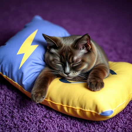 an exotic shorthair cat is laying on purple carpet sleeping on a lightning emoji pillow