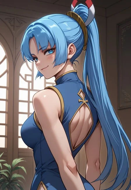 score_9, score_8_up, score_7_up, source_anime, close shot, Saki Ryozo, blue hair, ponytail, blue eyes, long hair, breasts, sidelocks, curtained hair, chinese cutout dress, looking at viewer, cowboy shot, noble room, royal room, smirk, blushed, looking back,
