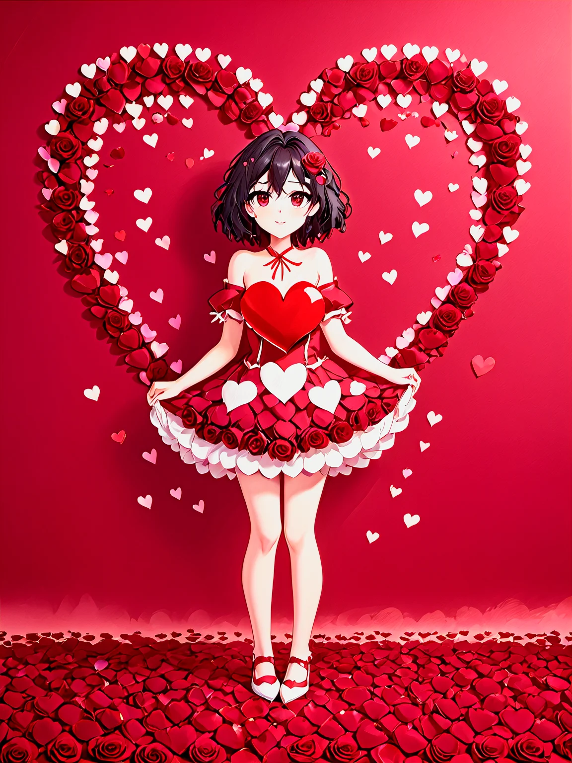 yamer_passione, red background, petals, heart, still life, heart background, full body, rose, flower, beautiful photo of a 22 years old italian girl, (cartoon style, anime style), <lora:Passione:1>