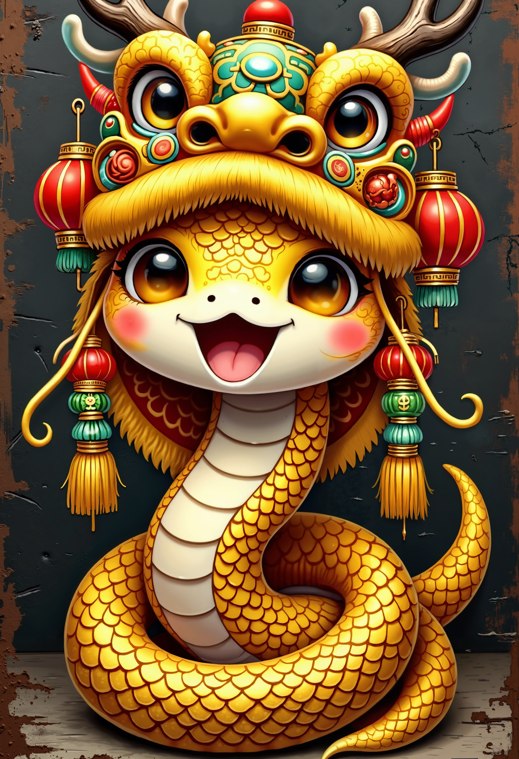 bo-snake, a oil paint on canvas of a world of mystical anime snake, dark fantasy,  A stylized, chibi-like golden snake, radiating a joyful energy, wears a vibrant Chinese dragon headdress. The snake's large, expressive eyes, a happy open mouth, and smooth, detailed gold scales, with their color transitions seamlessly, capture a sense of playful innocence. The headdress, a kaleidoscope of red, gold, and emerald green, is intricately detailed with festive lanterns and elegant, curving antlers. Ornate carvings and color blends seamlessly within the headdress, creating a shimmering effect. The snake's body gracefully flows without any harsh edges, showcasing the detailed design of its golden scales; each scale, like tiny polished jewels, adds dimension and refinement to the creature. the vibrant colors leap from the image, brimming with a joyful energy reminiscent of a traditional Chinese New Year celebration. The impressionistic style emphasizes the detailed expressiveness of the snake's eyes and mouth, highlighting their emotion-filled character. The scene is alive with a sense of happy celebration, radiating bright, bold colors, the background features layers of asia glitch art, fragmented texts, and snake skin textures. contrasting against the monochromatic tones of black, grey, and hints of green. Smudged paint and scratches add a sense of decay and asia technology.<lora:boFLUX Year of the Snake.safetensors:1.0:1.0>