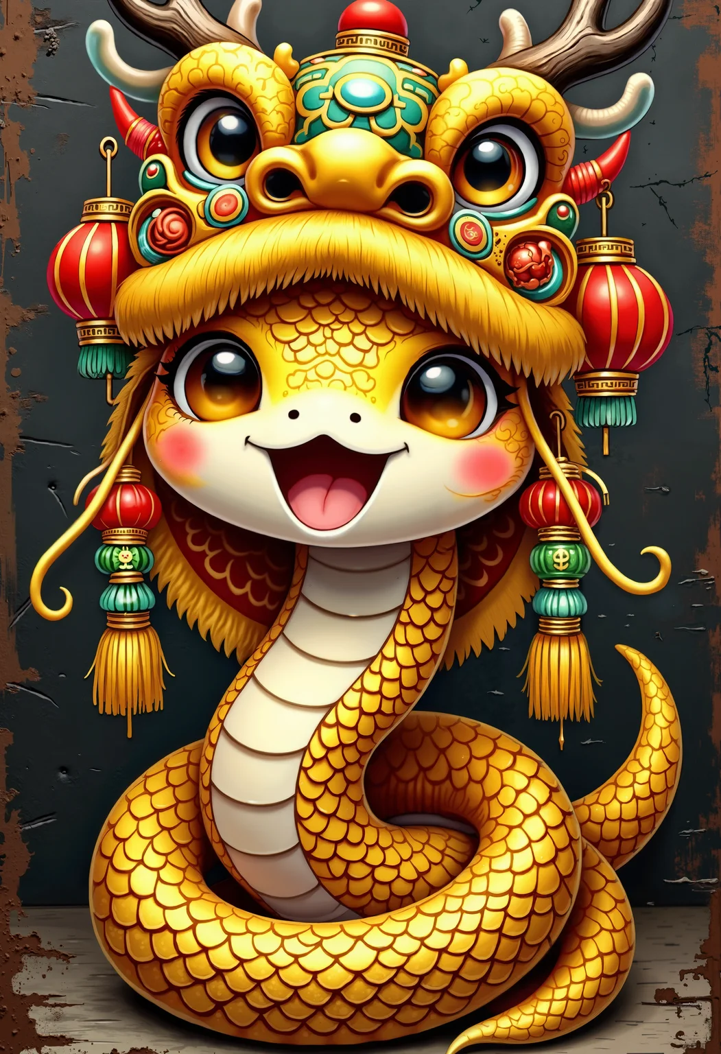 bo-snake, a oil paint on canvas of a world of mystical anime snake, dark fantasy, A stylized, chibi-like golden snake, radiating a joyful energy, wears a vibrant Chinese dragon headdress. The snake's large, expressive eyes, a happy open mouth, and smooth, detailed gold scales, with their color transitions seamlessly, capture a sense of playful innocence. The headdress, a kaleidoscope of red, gold, and emerald green, is intricately detailed with festive lanterns and elegant, curving antlers. Ornate carvings and color blends seamlessly within the headdress, creating a shimmering effect. The snake's body gracefully flows without any harsh edges, showcasing the detailed design of its golden scales; each scale, like tiny polished jewels, adds dimension and refinement to the creature. the vibrant colors leap from the image, brimming with a joyful energy reminiscent of a traditional Chinese New Year celebration. The impressionistic style emphasizes the detailed expressiveness of the snake's eyes and mouth, highlighting their emotion-filled character. The scene is alive with a sense of happy celebration, radiating bright, bold colors, the background features layers of asia glitch art, fragmented texts, and snake skin textures. contrasting against the monochromatic tones of black, grey, and hints of green. Smudged paint and scratches add a sense of decay and asia technology.<lora:boFLUX Year of the Snake.safetensors:1.0:1.0>