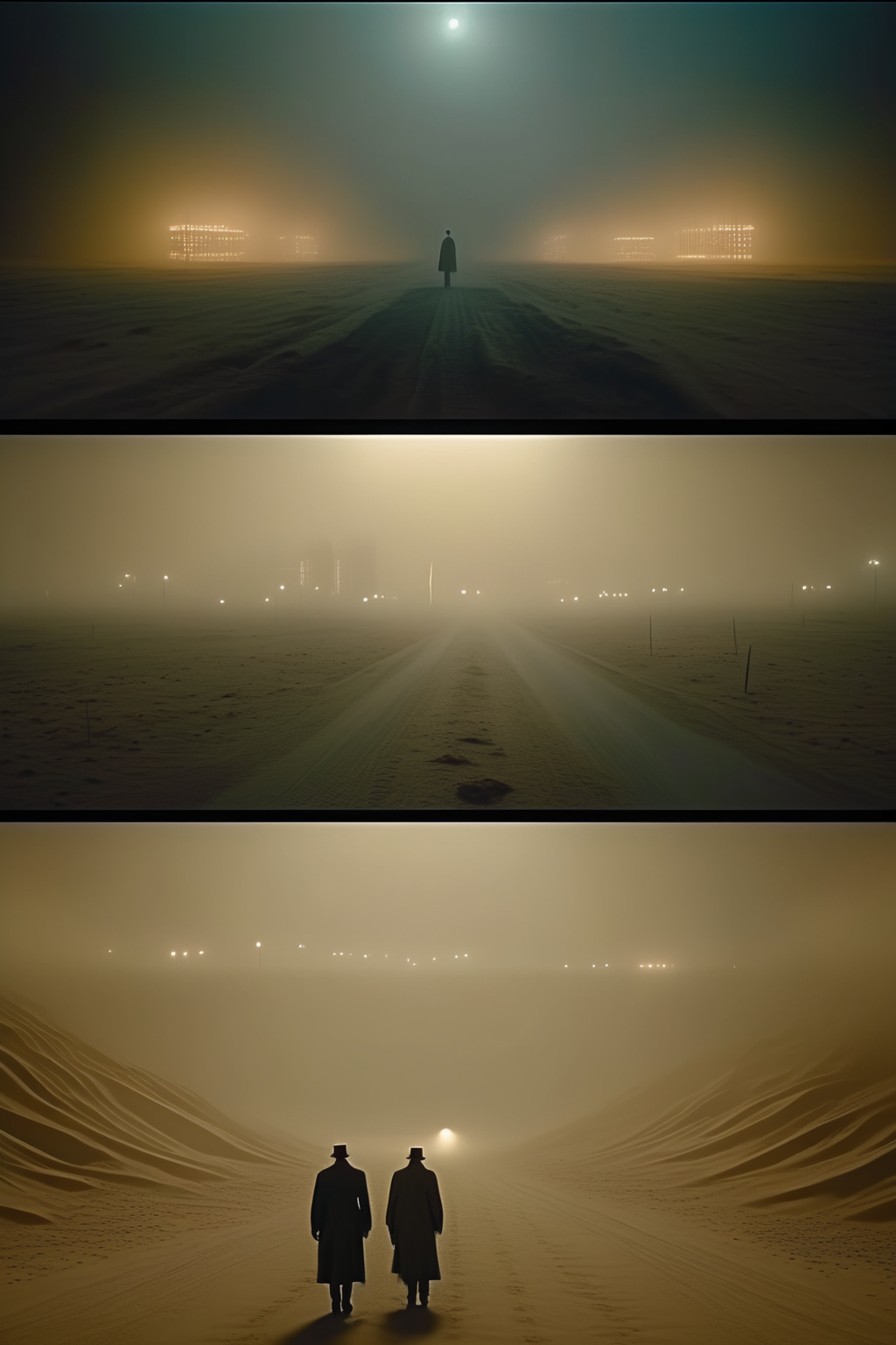 <lora:Director Christopher Nolan style:1>Director Christopher Nolan style - Spectacular science-fiction architectural military city, a 8K image of a moonlit desert landscape, symetrical geometric mathematical minimalist pure line buildings, the sky is stormy, in the style of  Dune film, much details are casting haunting shadows. Include an eerie mist that hovers just above the ground, adding to the sense of unease. extremely horror foggy night scene shot on a Fujifilm Velvia - scary deep fog night, movie concept, horror movie design, fanart, scaring, terror, thrilling, frightening. VERY dark atmospheric lighting. cinematic light SFX. Very high detailed and photorealistic. Hyperrealistic and life like, photography, Post Processing, Post-Production, HDR super detailed, de-noise, matte painting, cinematic, 12k, UHD, V-Ray render, unreal engine 5,