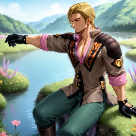 <lora:malikcaesar_ilxl:1>, malik caesars, blonde hair, brown eyes, facial hair, black gloves, brown vest, pink undershirt, sleeves rolled up, green pants, boots
sitting, lake, spring_(season), gras, flowers,
(very short hair, body hair), male focus, muscular male, muscular male, bara, mature, solo,
glossy skin, bara, mature, bara, mature, full clothes, sfw
aixiwuganda_(20222192), artist:niichi \(niichi21\), artist:jezz mons art, artist:my eight, very awa, masterpiece, best quality, absurdres, newest, perfect quality, detailed background, intricate details, <lora:slider_Body Type_alpha1.0_rank4_noxattn_last:2><lora:style_Anime Summer Days 2 Style SDXL_LoRA_Pony Diffusion V6 XL:.6><lora:slider_cfg_scale_boost:.7><lora:face_Artist6p-10:.55>, Artist6p, Artist04p,,<lora:slider_il_brightness_slider_d1:-.5><lora:slider_il_contrast_slider_d1:-1>,