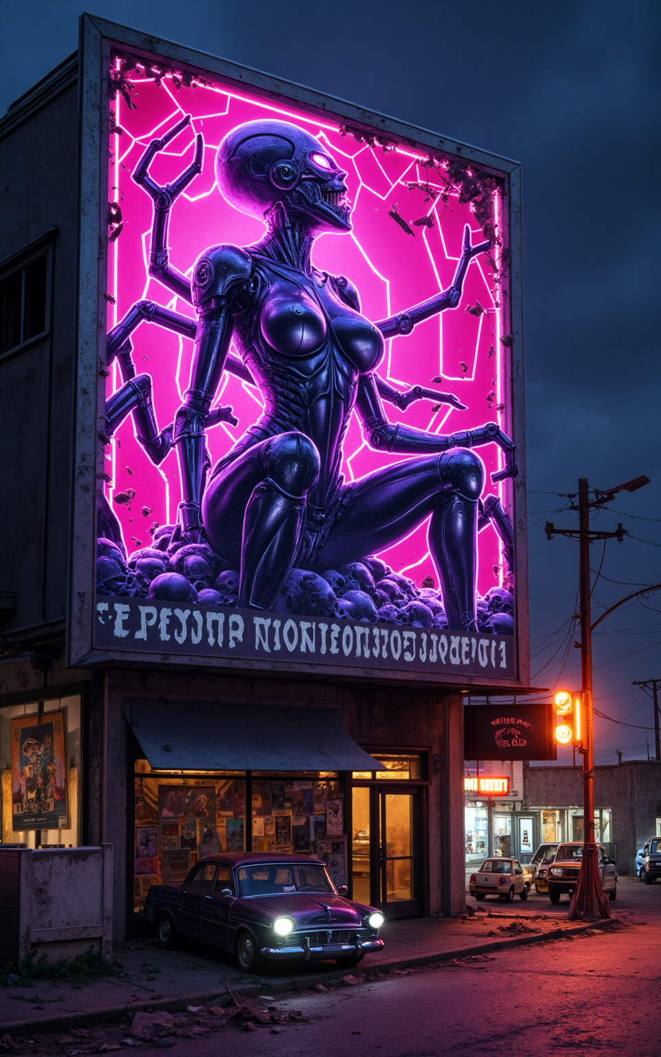A towering neon mural along the ruins of a club district: an armored femme fatale with spiderlike limbs made of mechanical blade-arms crawls out of a cracked billboard, eyes glowing violet. Her chestplate gleams like a venom sac, her boots crush propaganda posters. Tongue out, licking neon blood off her fingertips. Electric webs stretch behind her, full of caught skulls. Tagline: “THE SYSTEM WON’T SURVIVE HER BITE.”






fmlas-mk.1 