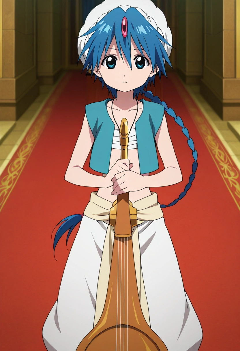 masterpiece, best quality, , anime screencap, anime coloring, official style, , 1boy, solo, male focus, <lora:aladdin_magi_ilxl:0.9>, aladdin_magi, blue hair, blue eyes, long hair, braid, single braid, turban, jewelry, , , instrument, , , ,