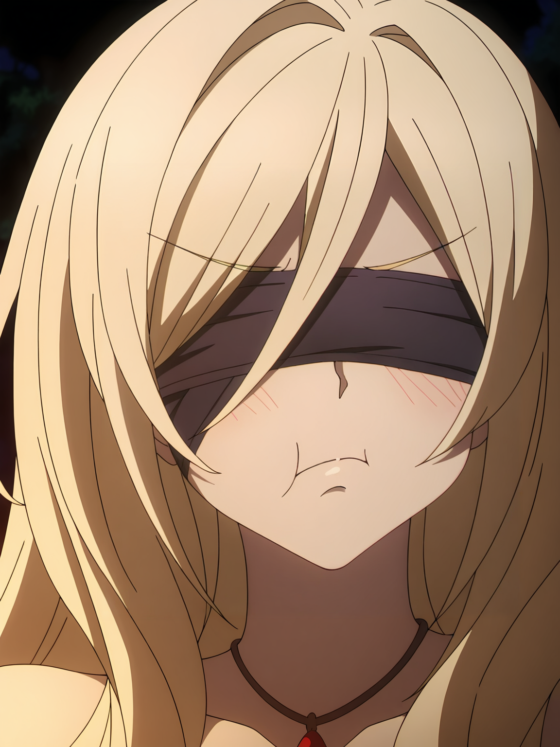<lora:Sword_Maiden_v2:0.8>sword_maiden, 1girl, solo, very long blonde hair, black blindfold, red pendant, detached sleeves, cleavage cutout, angry, blushing, puffy cheeks, close mouth, sitting, portrait, holding sword, frontal view, outdoors, dark background, night