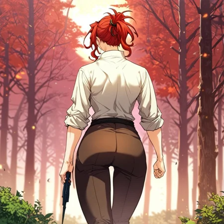 score_9, score_8_up, score_7_up, masterpiece, very high quality, Anime_source, AliciaTermina, blue eyes, red hair, medium hair, ponytail, working uniform, epiCPhoto, brown pants, white top, belt, abs, trees, dark sky, ass, moon, tight pants