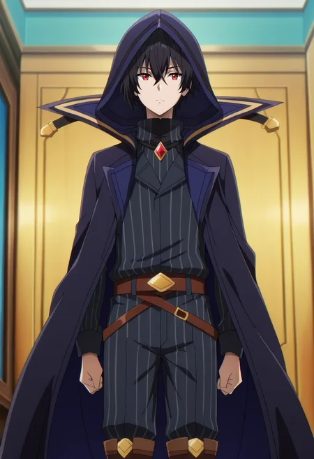 masterpiece, best quality, anime screencap, official style, anime coloring, cowboy shot, 1boy, solo, male focus, <lora:cid_kagenou_ilxl:0.98>, cid_kagenou, black hair, short hair, hair between eyes, bangs, red eyes, cloak, hood, hood up, , LemonZest Linen shorts, Pinstripe shirt, Boots, ,