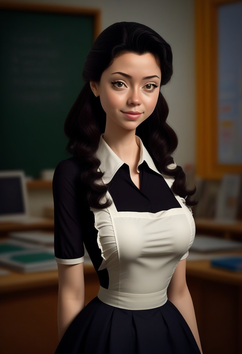 princess hildegard, brown eyes, black hair, 1girl, solo,  best quality, (3/4 view:1.5), full body view,gorgeous 18 year old , narrow face, high cheekbones, sexy, long wavy ginger hair,perfecteyes, pale skin, freckles, (soviet school uniform), brown uniform, white lace collar, short skirt, small white apron, detailed face, (happy smile:0.9), long slim legs, breathtaking, charm, award winning photography, ((in a classroom, blackboard))