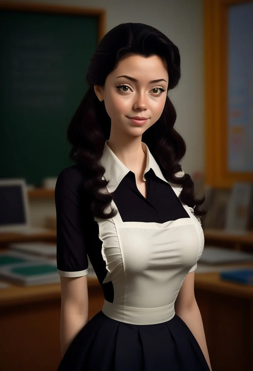princess hildegard, brown eyes, black hair, 1girl, solo, best quality, (3/4 view:1.5), full body view,gorgeous 18 year old , narrow face, high cheekbones, sexy, long wavy ginger hair,perfecteyes, pale skin, freckles, (soviet school uniform), brown uniform, white lace collar, short skirt, small white apron, detailed face, (happy smile:0.9), long slim legs, breathtaking, charm, award winning photography, ((in a classroom, blackboard))