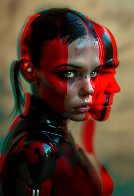 (real life, woman and a mech suit, punching, grim style, dark shadows, red circle:1.2), (a woman looking shocked, caped crusader, dark natural natural colors, HDR, 5mm:1.2), (glitch art by (Hans Feurer:1.1) and (Roe Ethridge:1.2)), (Surrealism style:1.5),