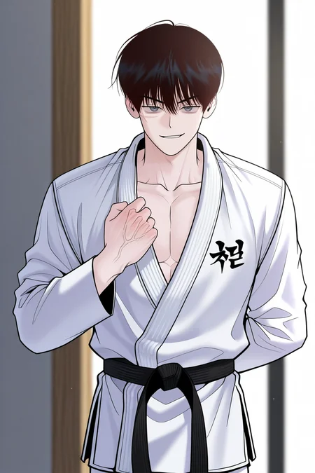 masterpiece, best quality, amazing quality, very aesthetic, high resolution, ultra-detailed, absurdres, newest, scenery, volumetric lighting, depth of field,anime screencap, , , 1boy, solo, male focus,<lora:yoonwon:0.80>,goo yoon won,black hair,grey eyes,short hair,bangs,hair between eyes,scar,scar on face,looking at viewer, Smirk, simple background, long sleeves,standing, collarbone, cowboy shot, white martial arts suit,belt, hand up,black belt, arm behind back,martial arts belt