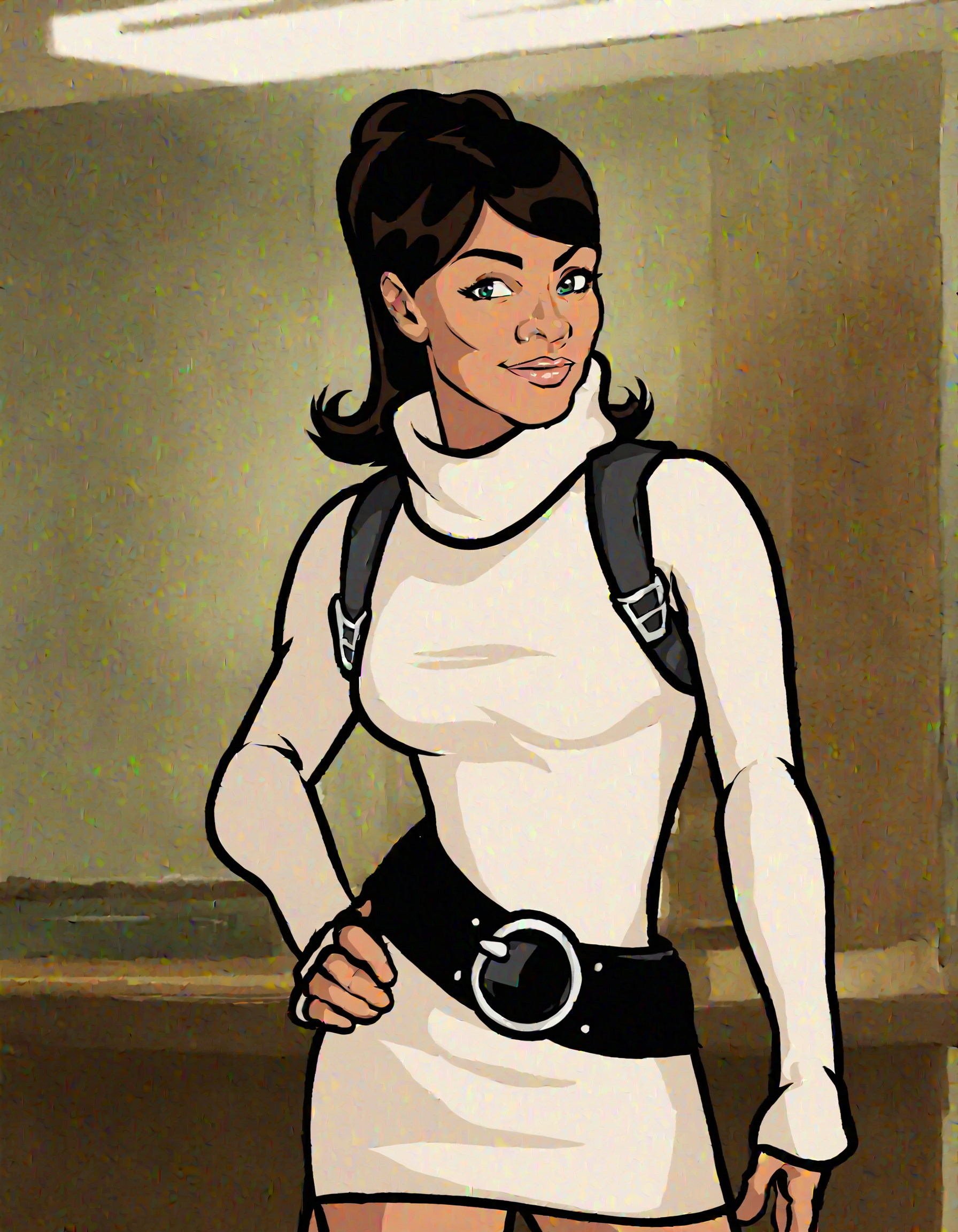 , score_9, score_8_up, score_7_up, score_6_up, score_5_up, score_4_up, looking at viewer, hand on own hip, cowboy shot,smile,belt,     <lora:LanaKanePony1.0:0.9>  lana, brown hair,green eyes, ponytail, lips, white turtleneck dress, shoulder holster,black theigh boots,indoors,