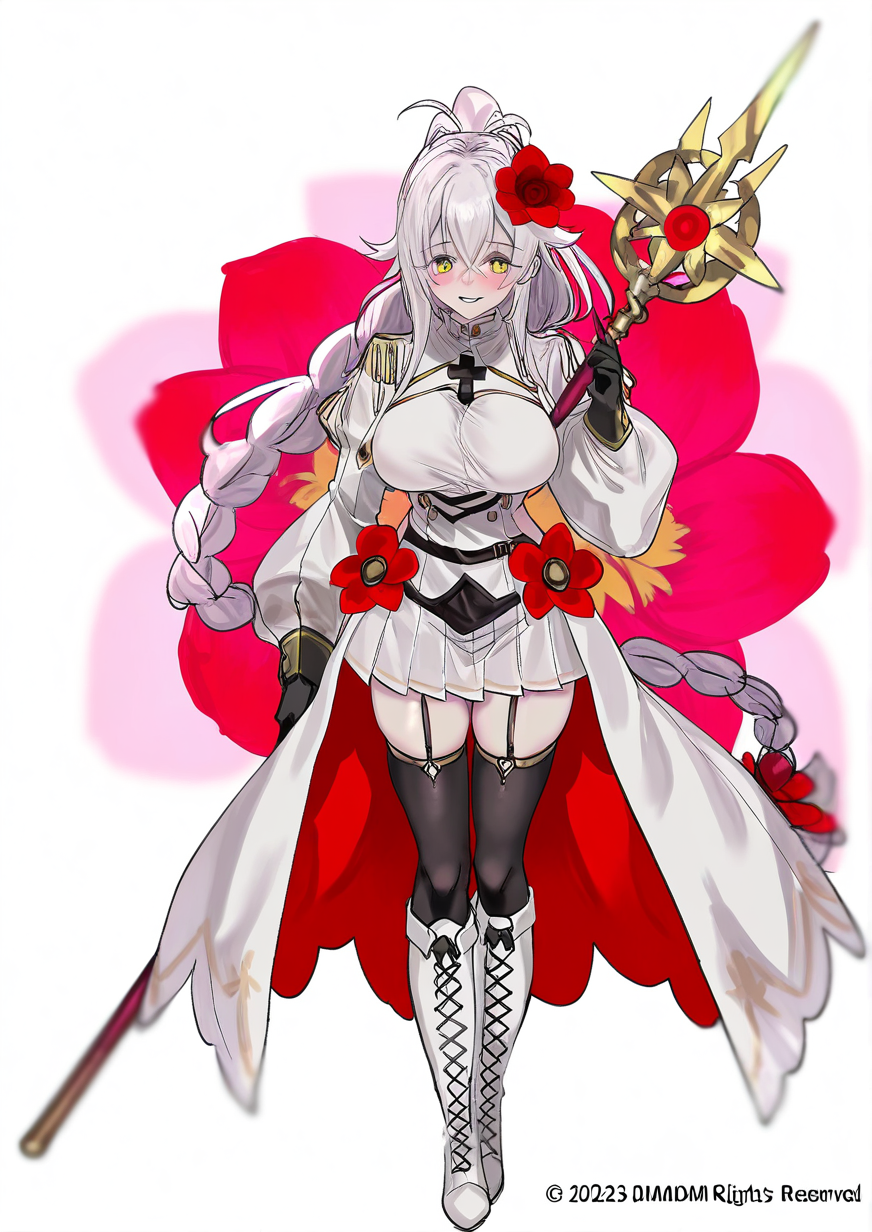 <lora:mm___0422:1.2>,1girl, geum (flower knight girl), huge breasts, black gloves, black thighhighs, blush, boots, braid, breasts, copyright notice, cross-laced footwear, flower, full body, garter straps, gloves, hair between eyes, hair flower, hair ornament, hand up, holding, holding staff, knee boots, lace-up boots, long hair, long sleeves, looking at viewer, name connection, object namesake, parted lips, pleated skirt, polearm behind back, ponytail, puffy long sleeves, puffy sleeves, red flower, shirt, skirt, smile, solo, staff, thighhighs, very long hair, white footwear, white hair, white shirt, white skirt, 
very awa, masterpiece, best quality, highres, absurdes,amazing quality