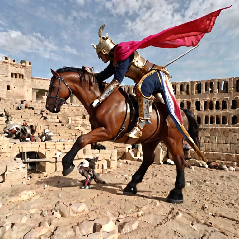 "Elven warrior riding a mech-steed through a battlefield filled with starships and ancient ruins"
A striking contrast between traditional elven magic and advanced technology, with a warrior mounted on a mechanical horse, fighting amidst the chaos of war.