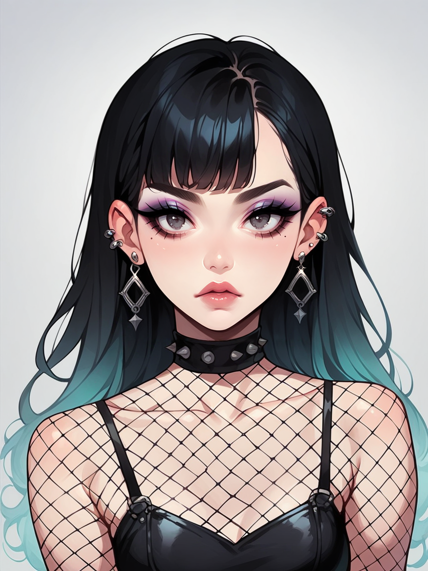 source_anime, score_9, score_8_up, score_7_up, score_6_up, score_5_up, <lora:egirlXLP:0.8> egirl, 1girl, solo, makeup, black hair, gradient hair, ear piercing, eyeshadow, fishnet pantyhose,