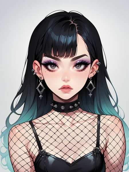 source_anime, score_9, score_8_up, score_7_up, score_6_up, score_5_up, <lora:egirlXLP:0.8> egirl, 1girl, solo, makeup, black hair, gradient hair, ear piercing, eyeshadow, fishnet pantyhose,
