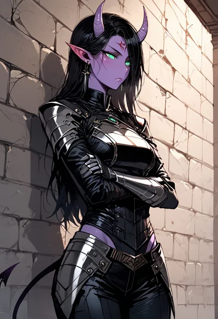 score_9, score_8_up, score_8, (Nagasawa Rosetsu style), (Yi yaegwan style), Digital painting style visual effects, OverallDetail, Expressiveh, MythAn1m3, solo, detailed face, reared up, dnd, BREAK (1woman: black hair, volumous hair, long hair, emerald eyes, (pointy ears: long pointy ears curved at the end), purple skin, alluring body, natural body markings, small horns, long demon tail, medium perky breasts), BREAK earrings, silver jewelry, assassin clothes, silver detailed clothes, leather armor, black corset, underbust, long sleeves, black leather gauntlets, black pants, black leather greaves, BREAK castle wall background, BREAK crossed arms, leaning against the wall