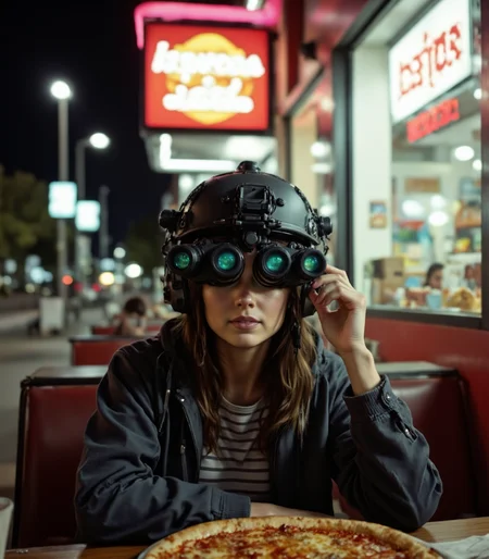 analog photograph of upper body shot of young woman wearing n0ds on their head, featuring a protective headpiece in matte black with a textured finish. The protective headpiece is equipped with hearing protection covering the ears and includes modular mounting points. Attached to the front of the headpiece is a quad-tube panoramic optical device with four horizontally aligned cylindrical lenses, each glowing faintly green. Small wires and adjustment knobs are visible along the optical device, contributing to the structured and functional design., wearing demin jacket, striped shirt, sitting across the table at a pizza hut, dim lighting at night<lora:n0ds_epoch_23.safetensors:1.0:1.0> <lora:PCB_Image_Enhancer_for_FLUX.safetensors:1:1>