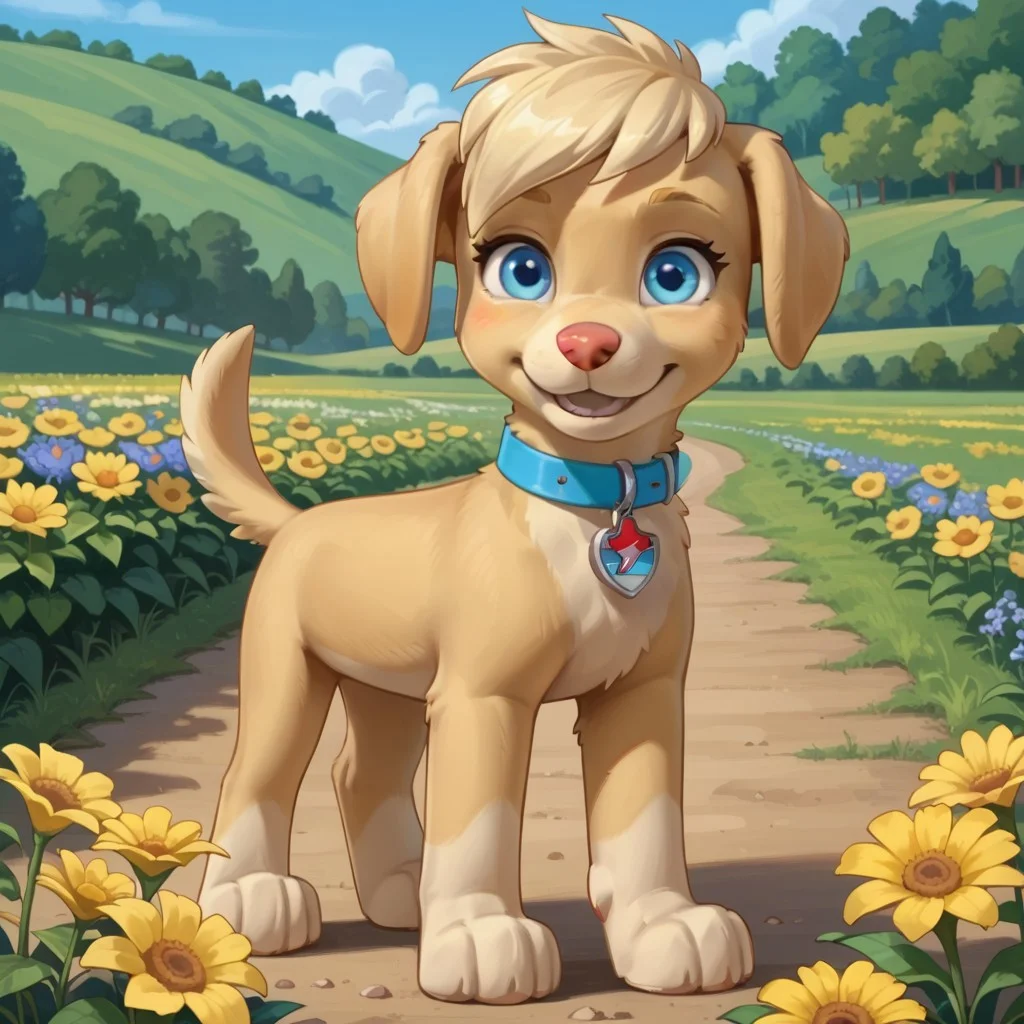 score_9, score_8_up, score_7_up, score_6_up, source_cartoon, Ella(PP), solo, 1girl, feral, dog, golden retriever, yellow fur, yellow hair, fluffy tail, blue eyes, pink nose, blue collar, red and blue tag, full body, looking at viewer, standing, smile, outdoors, flower field background,