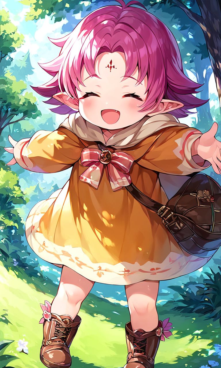 score_9, score_8_up, score_7_up, source_anime, rating_explicit, BREAK  <lora:Fae_Fuuin_no_Tsurugi_XL:1>
Fae, short hair, pink hair, closed eyes,  solo, open mouth, facial mark, long sleeves, dress, under body, bag,  boots, cape, child, open mouth, happy,
forest,