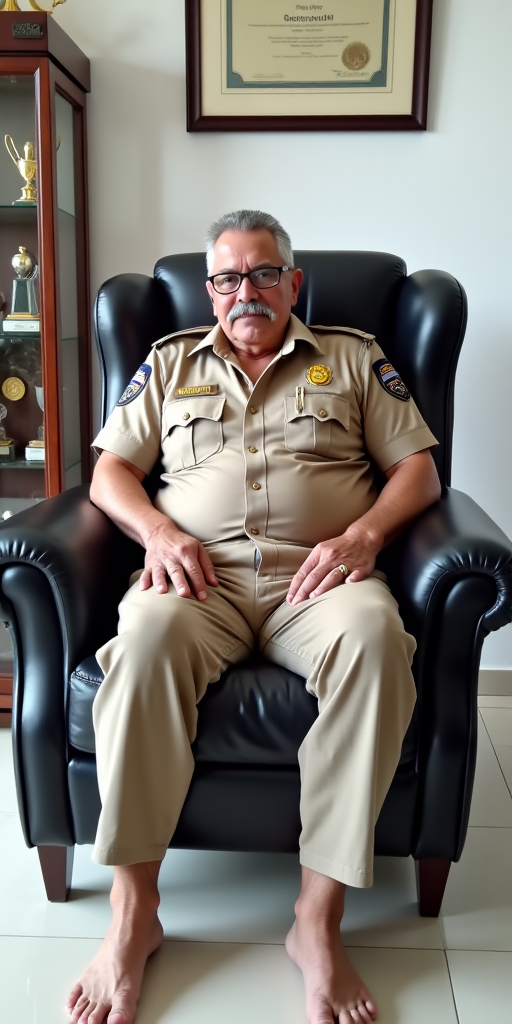 The image is a photograph of an older man with a muscular build, taken indoors. He is very handsome with a prominent mustache and glasses. The man has a stern expression on his face, with slightly furrowed eyebrows, a very handsome malay grandfather, who is lusty and a gangbang anal-whore. He is wearing only a tiny thin low-rise g-string which reveals his muscular arms, shoulders extremely beefy pectorals, stocky muscular gut and hairy torso and hairy pubic hair. This photograph features a man seated in a modern, black leather armchair with a cushioned seat. He is dressed in unbuttoned beige police uniform, which includes a short-sleeved shirt with several pockets and a distinctive emblem on the left shoulder. The uniform also has a badge and various insignia on the chest. The man has short, greying old man grandfather dark hair and is seated comfortably with his hands tied behind, with his arms tied behind.

The background of the image shows a clean, well-lit room with white walls and polished, light-colored flooring. To the left, there is a glass display case or cabinet containing trophies or awards on a wooden shelf. The room also features a framed picture on the wall above the man, which appears to be a certificate or a piece of artwork, though it's not fully visible. The overall setting suggests a professional or official environment, possibly an office or a police station. The lighting in the room is bright, indicating it's daytime, and the overall atmosphere is clean and organized. The man's attire and the setting imply he is a police officer, possibly in a supervisory or administrative role. but emphasize on his G-string which is very tiny very tight, very low-rise and he have very thick hairy pubic hair, and showing off his muscular gut and beefy strong pectorals hairy malay body.

<lora:FLUX1/Self Trained/malay 001.safetensors:1.0>, <lora:FLUX1/Self Trained/malay male 002.safetensors:1.0>, <lora:FLUX1/Self Trained/malay male 003.safetensors:1.0>, 
<lora:FLUX1/G-String-Flux_r1-000017.safetensors:2.1>, <lora:FLUX1/Hands_tied_behind_back_FLUX-000008.safetensors:1.0>, 