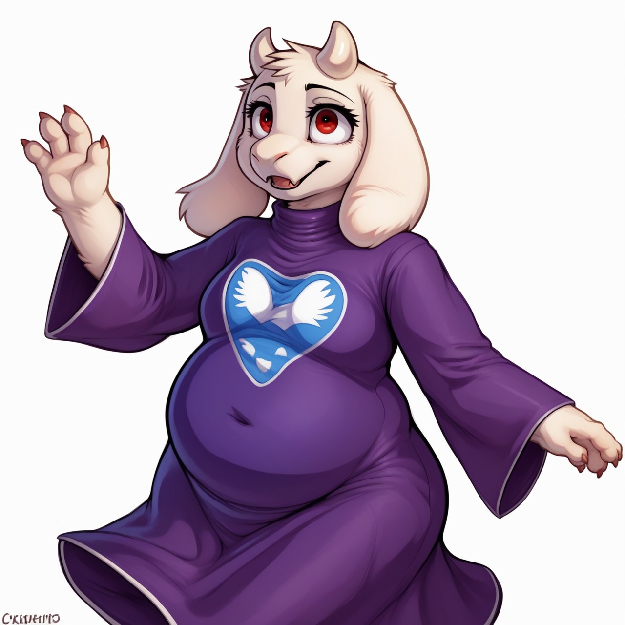 PonyXLV6_Scores ,
PnyCmicXLPOS,
DskfllArtPosXLPNY,
1girl, 
female focus, 
solo,
monster,
toriel,
goat,
white horns,
dress,
purple dress,
red eyes,
sleeve,
white sleeve,
long sleeve dress,
chubby,
medium tits,
random pose,
white background,
simple background,
 <lora:Toriel_Undertale_Pony_SDXL:1>