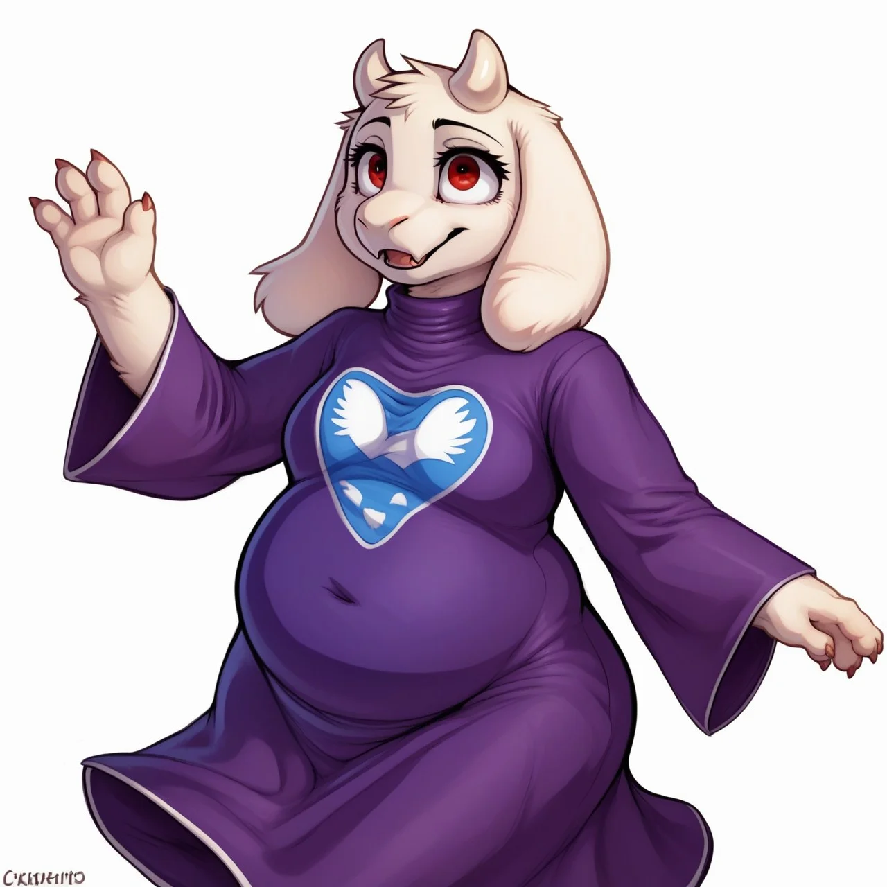 PonyXLV6_Scores ,
PnyCmicXLPOS,
DskfllArtPosXLPNY,
1girl, 
female focus, 
solo,
monster,
toriel,
goat,
white horns,
dress,
purple dress,
red eyes,
sleeve,
white sleeve,
long sleeve dress,
chubby,
medium tits,
random pose,
white background,
simple background,
 <lora:Toriel_Undertale_Pony_SDXL:1>
