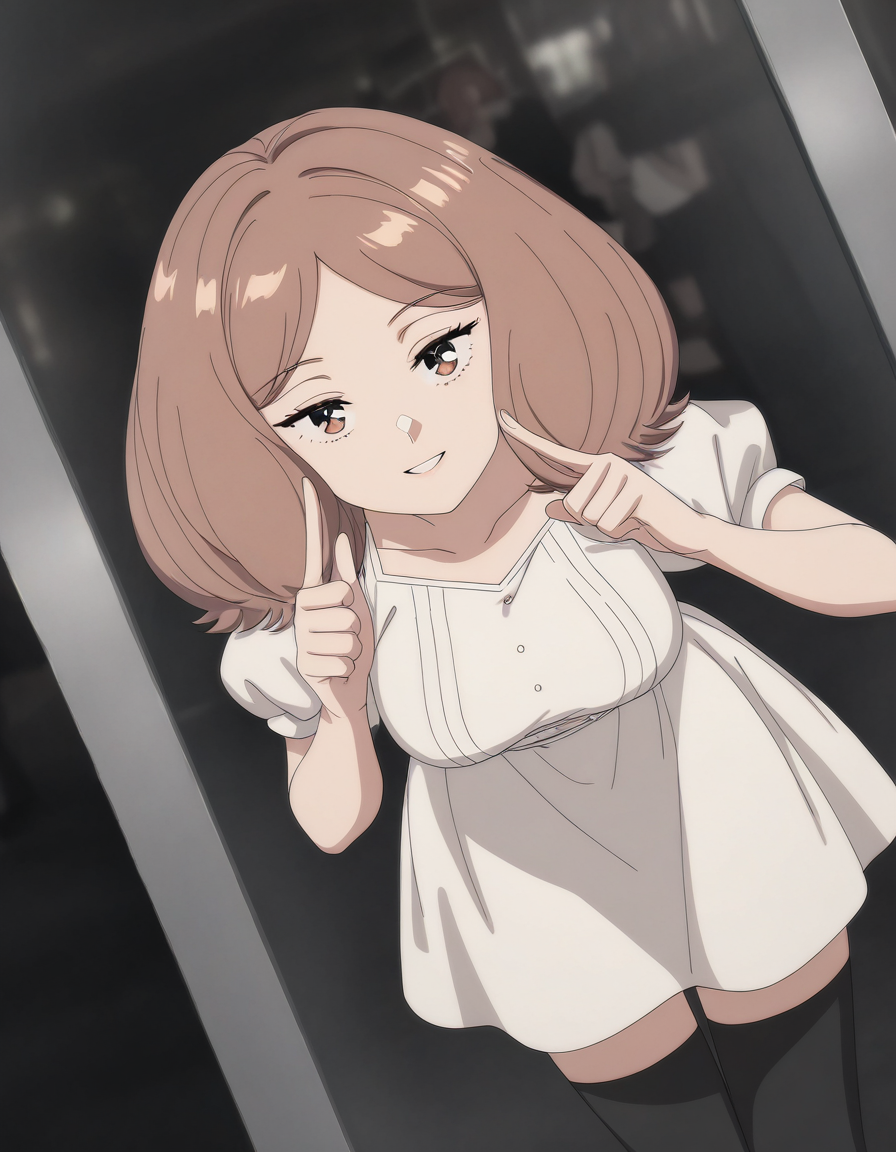 masterpiece, best quality, newest, absurdres, highres, safe,, <lora:mage-edel-s1-illustriousxl-lora-nochekaiser:1>, edel, brown hair, brown eyes, medium hair, medium breasts, anime screencap, thighhighs, dress, black thighhighs, white dress, short sleeves, puffy sleeves, puffy short sleeves, phone booth, glass, phone, street, retro, smile, finger to cheek, index finger raised, pointing at self, bedroom, parted lips, leaning forward, bent over, cowboy shot, dutch angle, looking at viewer, solo,, cowboy shot, solo