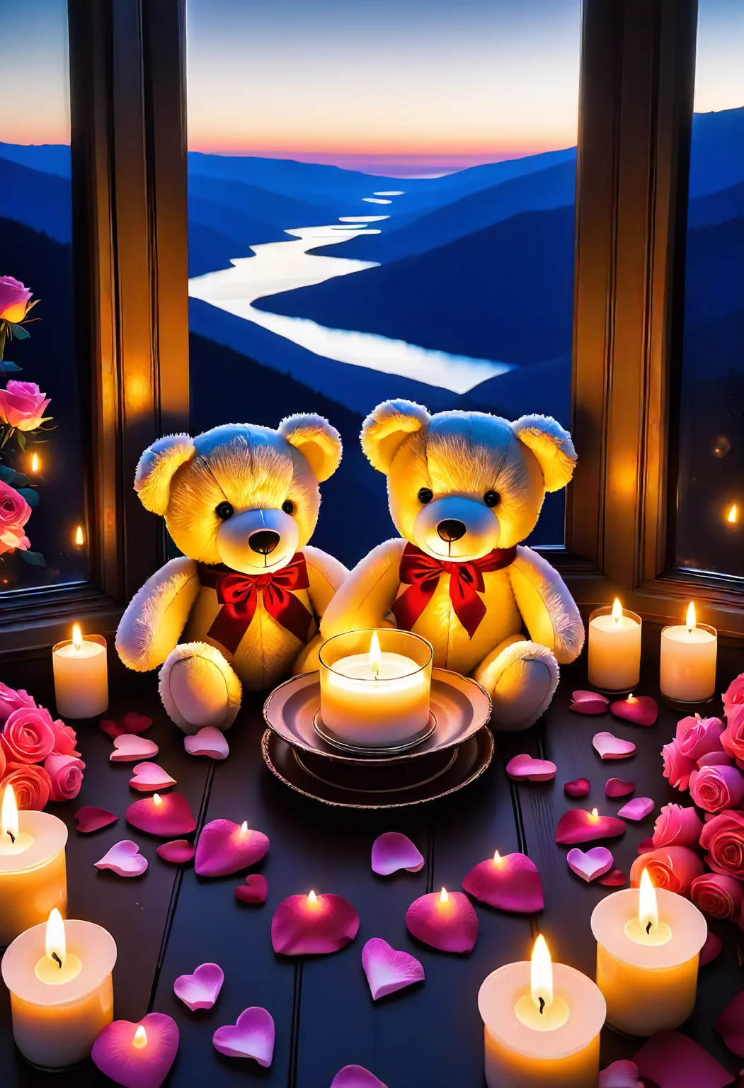 valentines day, vintage, candlelit, rose petals, teddy bears, scenic overlook, cozy fireside cuddling, candlelight <lora:released\DonM3t3rn1tyXL-v1.1-000008>