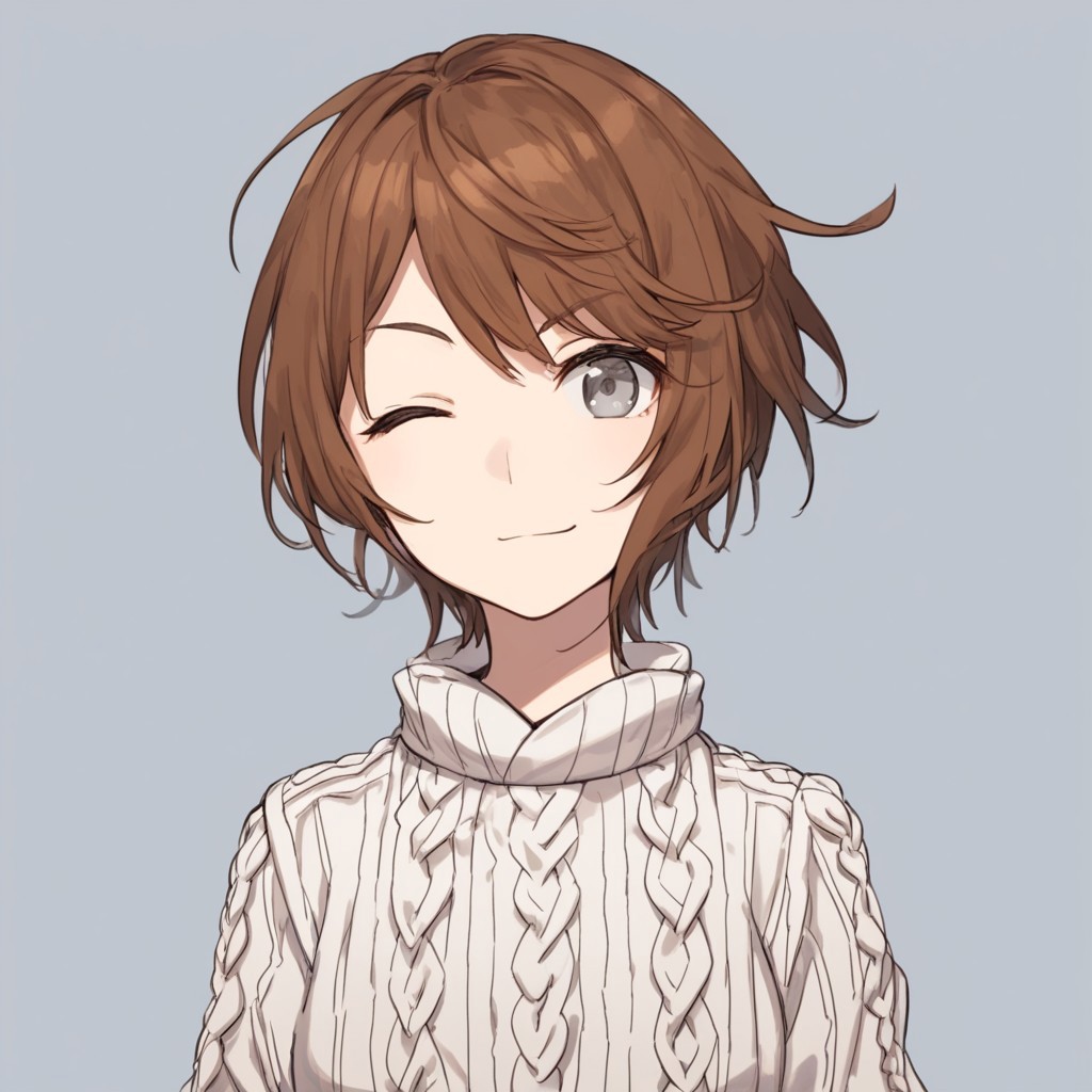 anime coloring, score_9, score_8_up, score_7_up, score_6_up, kinuhata saiai, toaru, 1girl, solo, brown hair, short hair, x3, Aran sweater, cable knit, winking at viewer, one eye closed, at the amusement park, looking at viewer, gray eyes, white shirt, upper body