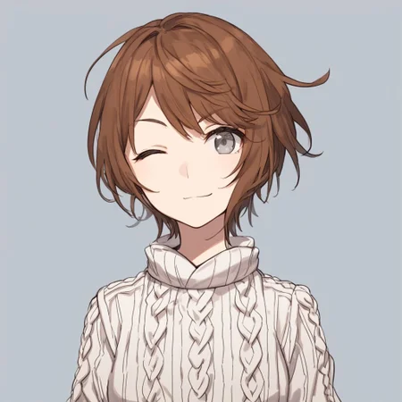 anime coloring, score_9, score_8_up, score_7_up, score_6_up, kinuhata saiai, toaru, 1girl, solo, brown hair, short hair, x3, Aran sweater, cable knit, winking at viewer, one eye closed, at the amusement park, looking at viewer, gray eyes, white shirt, upper body