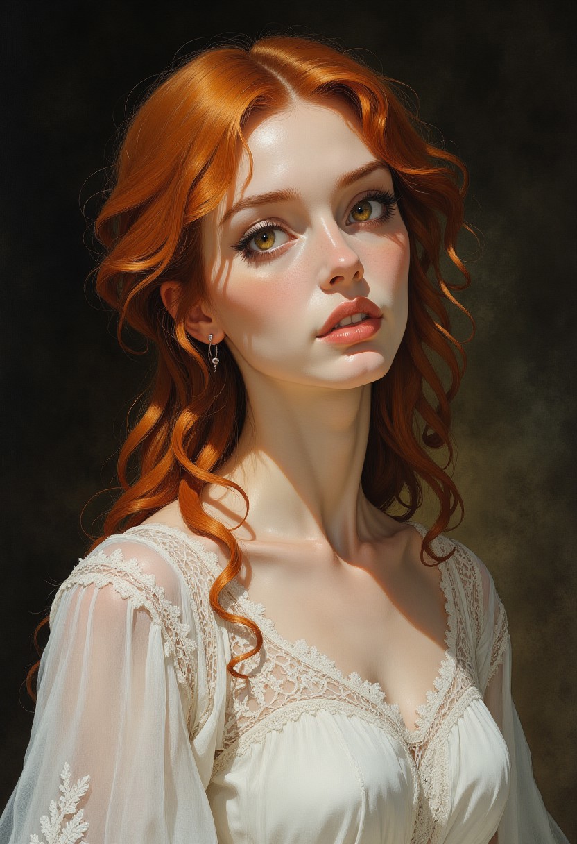 masterpiece iconic portrait of pretty mature woman with fair porcelain skin and red hair  and big brown eyes, dressed white knit lace dress, <lora:MysticXXX-V6:0.6>, <lora:test:0.8>, baroque, chiaroscuro, realistic, emotional, flat lighting, Rembrandt style <lora:Dark_Ghibli:0.8>