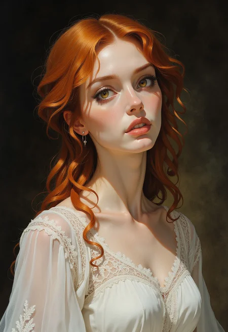 masterpiece iconic portrait of pretty mature woman with fair porcelain skin and red hair  and big brown eyes, dressed white knit lace dress, <lora:MysticXXX-V6:0.6>, <lora:test:0.8>, baroque, chiaroscuro, realistic, emotional, flat lighting, Rembrandt style <lora:Dark_Ghibli:0.8>