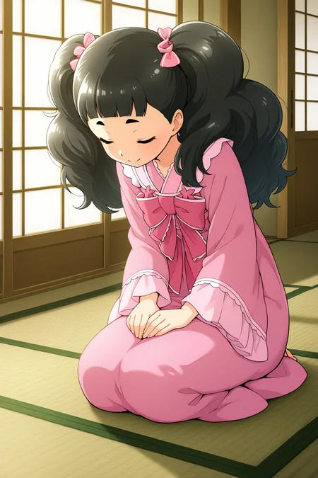 masterpiece, best quality, amazing quality, absurdres, solo, matsukiakino, smile, closed eyes, bowing, sitting, on ground, seiza, black hair, pink dress, indoors, ryokan, tatami, shouji