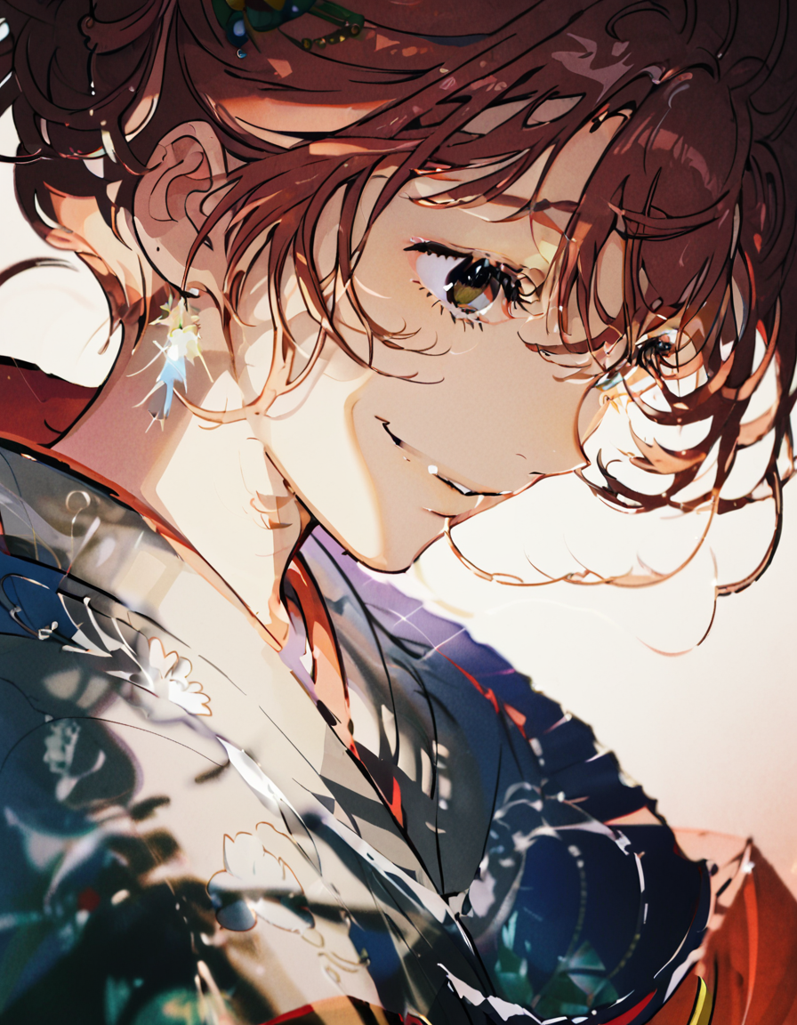 yoneyamai, a portrait of girl, side view, hair strands, soft lighting, wavy hair, sakura garden background, cheerful smile, wearing kimono, <lora:digital_art:1> <lora:add-detail-xl:1>