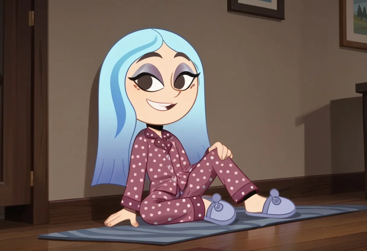 score_9, score_8_up, score_7_up,
Andrea Davenport, eyeshadow, makeup, light blue hair, long hair, multicolored hair, long sleeves, 1girl, solo, smile, full body,
Pajamas, pajama top, pajama pants, slippers, sitting, looking at viewer