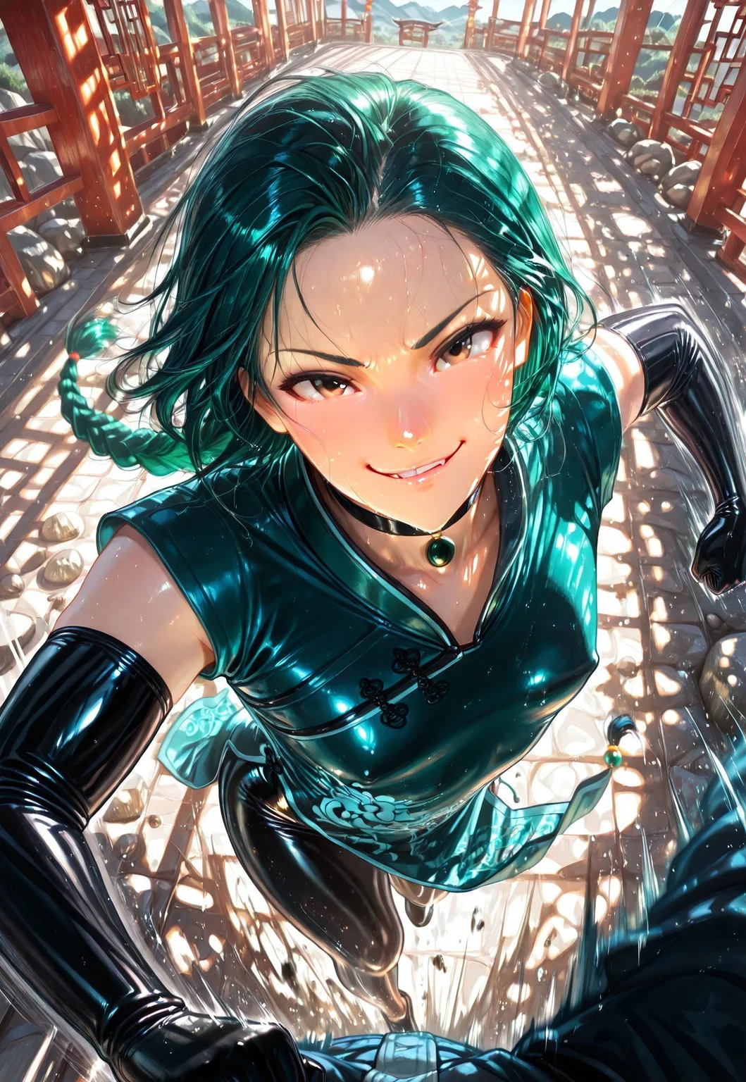 pov fighting, 1 girl, solo, (running towards viewer, kung fu, martial arts, smirking, fighting aura), (small breast, exaggerated movement, motion blur), (chinese qipao, black stockings), (midoriL, green hair, braided hair, braided ponytail, black choker, black latex elbow gloves, brown eyes), (high angle, front view), ( rock mountain, wulingyuan, bright), (masterpiece)), (best quality), (high resolution), highly detailed, 4K, semi-realistic, detailed facial features, detailed clothing features, texture, great anatomy, correct anatomy, uncensored
