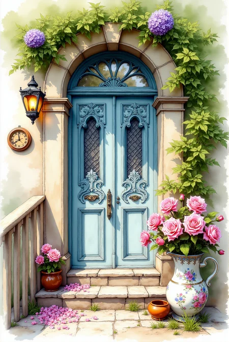 <lora:Vibrant_watercolor_v.21:0.80> A watercolor illustration featuring Watercolorsketch style. DGLO style. A charming cottage entrance emerges in delicate watercolor strokes, exuding a sense of warmth and nostalgia. A weathered wooden door, painted in a soft, faded blue, features intricate glass panes reflecting dappled light, framed by creeping vines adorned with tiny purple blossoms. An antique lantern, its warm glow flickering, hangs beside the doorway, casting gentle illumination over the rustic façade. A large, ornately decorated ceramic pitcher overflows with lush pink roses, their petals scattered on the stone steps, adding a romantic touch to the serene setting. The scene is framed by aged wooden railings and potted greenery, with soft, atmospheric washes of color blending into the background, evoking the timeless charm of a secluded countryside retreat.