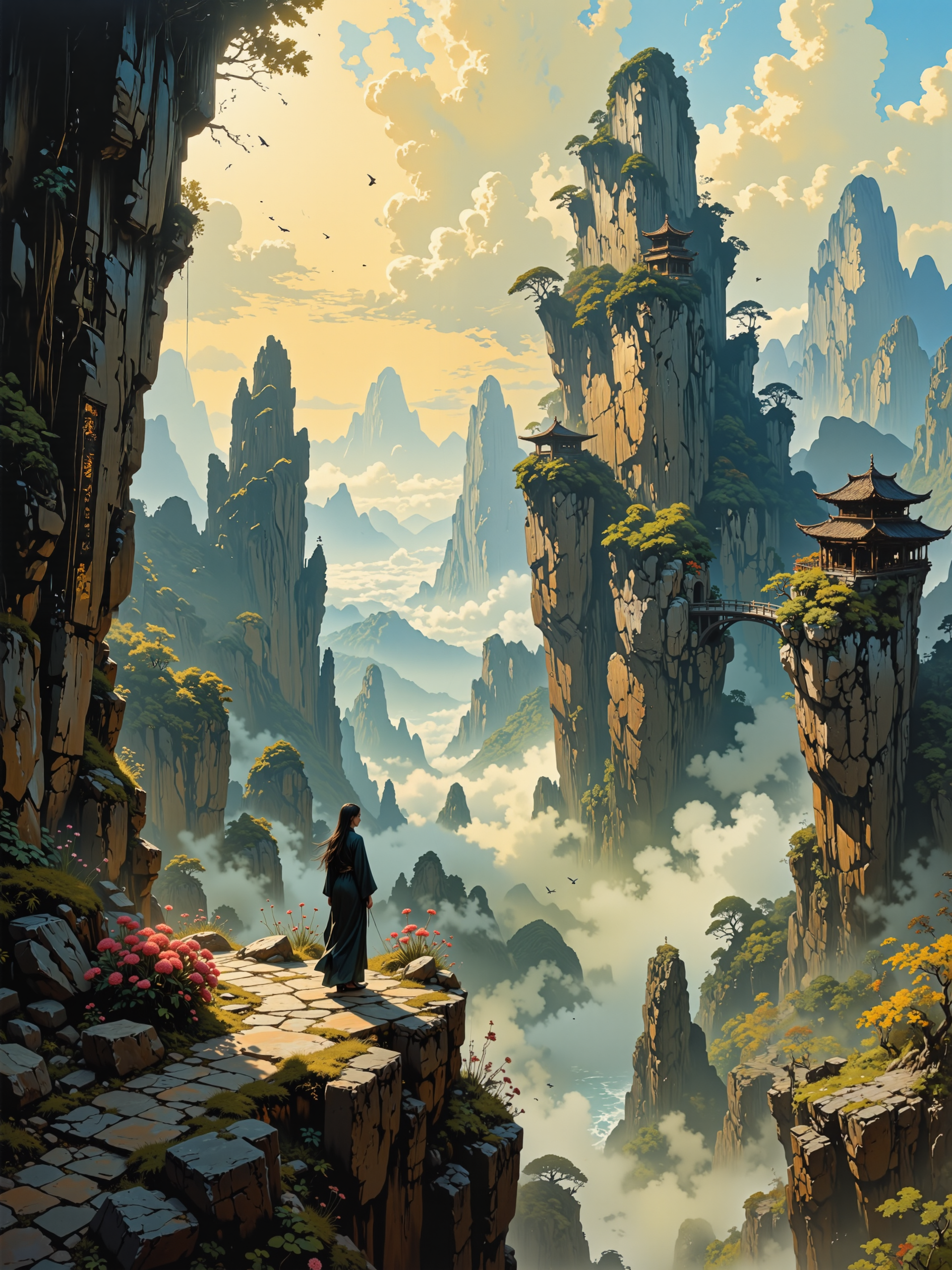 famous artwork, masterful use of light and shadow, masterful composition following the rule of thirds, chiaroscuro, dappled sunlight, at dawn, romanticism oil painting of the floating peaks of zhangjiajie in the style of caspar david friedrich, towering sandstone pillars rising through a sea of mist, their sheer cliffs overgrown with lush green vegetation with small accents of colorful wildflowers, the scene is bathed in a golden morning light, soft rays piercing through the ethereal mist, casting long shadows and highlighting the rugged texture of the stone, delicate wisps of cloud wrap around the formations, further emphasizing their towering grandeur, the atmosphere is serene yet awe-inspiring, evoking a sense of the sublime, a narrow, winding mountain path leads toward a detailed wooden bridge that connects two towering peaks, an ancient and awe-inspiring temple built in traditional chinese style sits atop a pillar in the middle ground, its curved roof and ornate details blending harmoniously with the natural landscape, in the foreground a lone woman in traditional chinese robes stands at the edge of a precipice, gazing into the vast expanse before them, evoking a deep sense of solitude and contemplation, her figure small against the grandeur of nature, the background reveals layers of mist-covered mountains fading into the distance, the farthest peaks dissolving into soft hues of blue and gray, enhancing the sense of vastness and depth, birds with outstretched wings glide through the mist, their silhouettes adding movement and vitality to the composition, the brushwork is masterful, combining delicate detailing in the rocky cliffs and foliage with expressive, sweeping strokes for the clouds and sky, the color palette is rich yet atmospheric, dominated by warm golden hues, cool blues, and deep earthy greens, the interplay of light and shadow is skillfully rendered, enhancing the dramatic, almost dreamlike quality of the painting, painted with oil on canvas using a luminous glaze technique, subtle impasto adding texture to the rocky formations, soft diffused edges in the mist creating an ethereal quality, a tribute to the romantic eraâs celebration of untamed nature and human insignificance in the face of its majesty, capturing the spirit of wanderlust and the sublime, an exquisite and timeless masterpiece, style of rembrandt, <lora:style-cheats-by_schmede:0.52> <lora:style-fantastic_landscapes-flux-by_artifyai:1.0> <lora:style-rembrandt-flux-by_tangbohu:0.32>