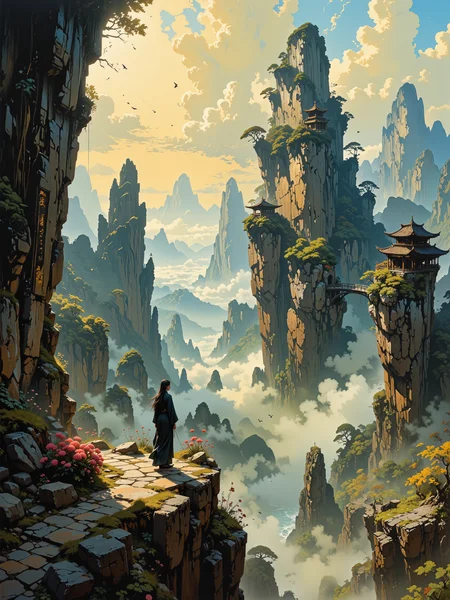 famous artwork, masterful use of light and shadow, masterful composition following the rule of thirds, chiaroscuro, dappled sunlight, at dawn, romanticism oil painting of the floating peaks of zhangjiajie in the style of caspar david friedrich, towering sandstone pillars rising through a sea of mist, their sheer cliffs overgrown with lush green vegetation with small accents of colorful wildflowers, the scene is bathed in a golden morning light, soft rays piercing through the ethereal mist, casting long shadows and highlighting the rugged texture of the stone, delicate wisps of cloud wrap around the formations, further emphasizing their towering grandeur, the atmosphere is serene yet awe-inspiring, evoking a sense of the sublime, a narrow, winding mountain path leads toward a detailed wooden bridge that connects two towering peaks, an ancient and awe-inspiring temple built in traditional chinese style sits atop a pillar in the middle ground, its curved roof and ornate details blending harmoniously with the natural landscape, in the foreground a lone woman in traditional chinese robes stands at the edge of a precipice, gazing into the vast expanse before them, evoking a deep sense of solitude and contemplation, her figure small against the grandeur of nature, the background reveals layers of mist-covered mountains fading into the distance, the farthest peaks dissolving into soft hues of blue and gray, enhancing the sense of vastness and depth, birds with outstretched wings glide through the mist, their silhouettes adding movement and vitality to the composition, the brushwork is masterful, combining delicate detailing in the rocky cliffs and foliage with expressive, sweeping strokes for the clouds and sky, the color palette is rich yet atmospheric, dominated by warm golden hues, cool blues, and deep earthy greens, the interplay of light and shadow is skillfully rendered, enhancing the dramatic, almost dreamlike quality of the painting, painted with oil on canvas using a luminous glaze technique, subtle impasto adding texture to the rocky formations, soft diffused edges in the mist creating an ethereal quality, a tribute to the romantic eraâs celebration of untamed nature and human insignificance in the face of its majesty, capturing the spirit of wanderlust and the sublime, an exquisite and timeless masterpiece, style of rembrandt, <lora:style-cheats-by_schmede:0.52> <lora:style-fantastic_landscapes-flux-by_artifyai:1.0> <lora:style-rembrandt-flux-by_tangbohu:0.32>