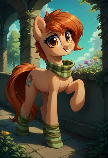 safe_pos, safe_pos, score_9, score_8_up, score_7_up, score_6_up, body light gray,
Rusty Gears
body is pale orange-yellow
tail and many are orange
eyes green
green scarf, green socks
Earth pony
female
realistic illustration, dramatic angle, outside, garden, (day), , solo, pony, my little pony, body, shiny skin, looking at you, happy playful, cheerful dramatic
solo