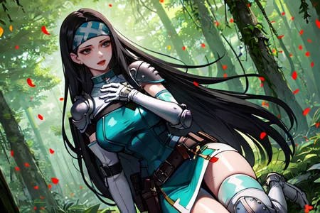 highly insanely detailed, masterpiece, top quality, best quality, highres, 4k, 8k, RAW photo, (very aesthetic, beautiful and aesthetic),
beth_\(megami_tensei\),bethsmtii,shin megami tensei ii,long hair,black hair,straight hair,sleek black,jewelry,cross,headband,red_lipstick,breastplate,white footwear,armored_pads,armored_gloves,knee_pads,armored boots,belt,belt pouch,holy_knight,holy_knight_armor,katana,sword,Tokyo_Millennium,post-apocalyptic_city,dystopian_world,Valhalla,Entertainment_district,Order_of_Messiah,Religious_order,messianic_cult,divine_rulers,
<lora:zs_Beth:0.6>,
(1girl:1.3), 1other,
large forest,enchanting forest,dense forest,lush forest,tall trees,canopy,overgrown scenery,pure orange background,pure cyan background,(colored confetti background,psychedelic color background,gradient background),âââ