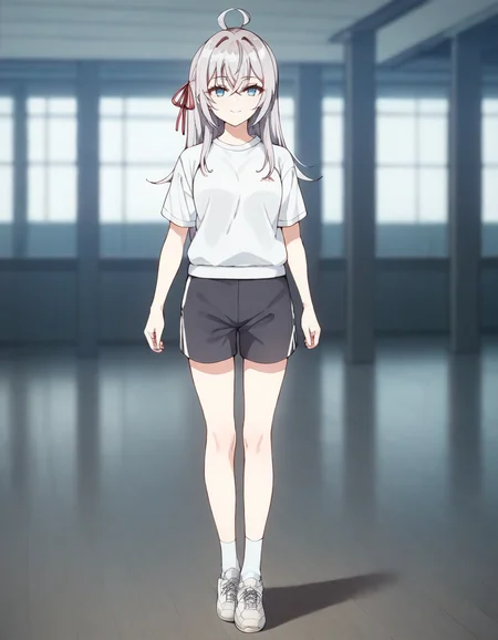 score_9, score_8_up, score_7_up, source_anime,
1girl, solo, blurry background, looking at viewer, light smile, indoors, standing, full body,
<lora:alisa_mikhailovna_kujou_anime_v5-soralz:1>, alisa mikhailovna kujou, long hair, silver hair, ahoge, crossed bangs, red hair ribbon, sidelocks, blue eyes,
white gym shirt, short sleeves, black gym shorts, socks, sneakers